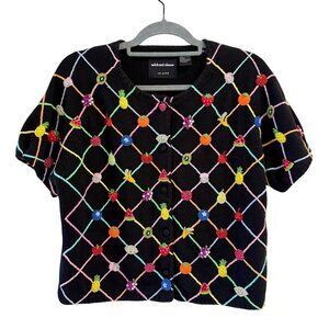 Michael Simon Black Knit Cardigan Beaded Fruit Lattice Design Short Sleeve L
